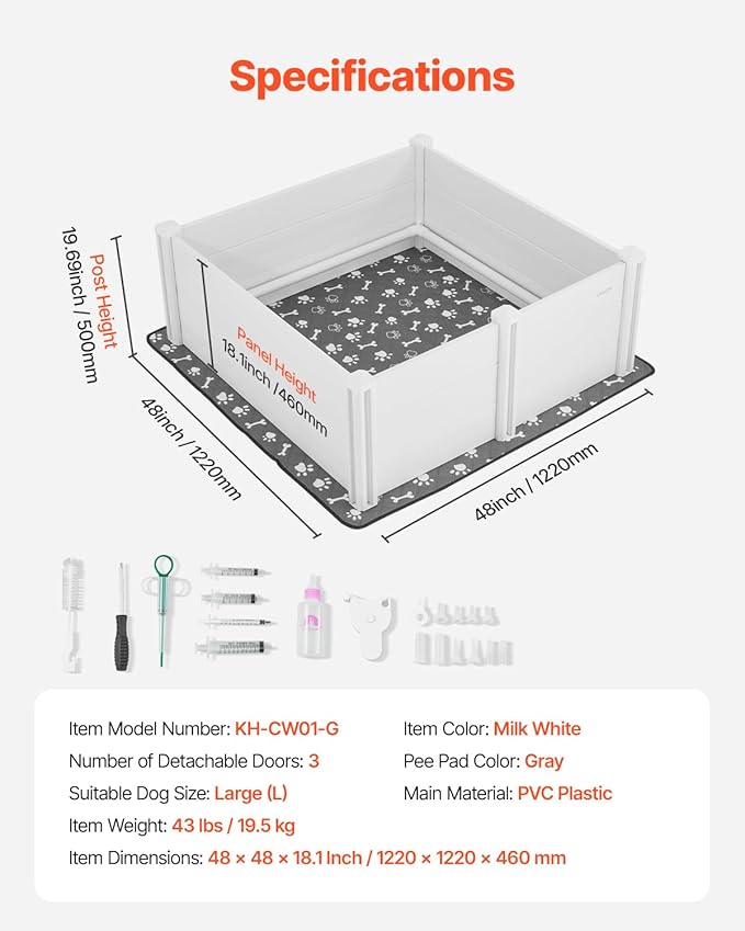 VEVOR Dogs Whelping Box, 48 x 48 x 18.1 inch, Plastic PVC Puppies Playpen with Height Adjustable Door and Washable Pee Pad, Anti-Deformation Indoor Puppy Play Pen for Large Breed Dogs, Milk White