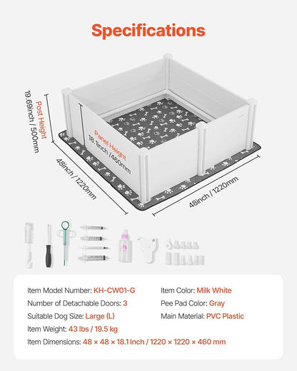 VEVOR Dogs Whelping Box, 48 x 48 x 18.1 inch, Plastic PVC Puppies Playpen with Height Adjustable Door and Washable Pee Pad, Anti-Deformation Indoor Puppy Play Pen for Large Breed Dogs, Milk White