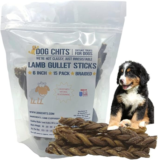 Dog Chits Lamb Esophagus for Dogs - Dog and Puppy Chews | Amazing for Joints | 6 in, 15 Pack | Made in USA | Large and Small Dogs | Nothing Added | Lots of Natural Glucosamine