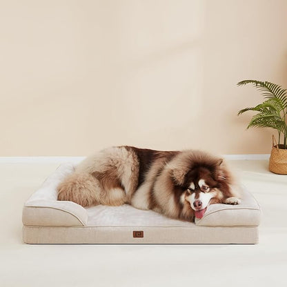 EHEYCIGA Orthopedic Dog Beds for Large Dogs, Waterproof Memory Foam Large Dog Bed with Sides, Non-Slip Bottom and Egg-Crate Foam Large Dog Couch Bed with Washable Removable Cover, Beige