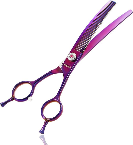 7" Professional Curved Thinning Scissors for Dog Grooming Sharp Blades Blending Shears Dog Grooming Scissors Japan 440C Stainless Steel Smooth Motion & Fine Cutting(Multicolored)