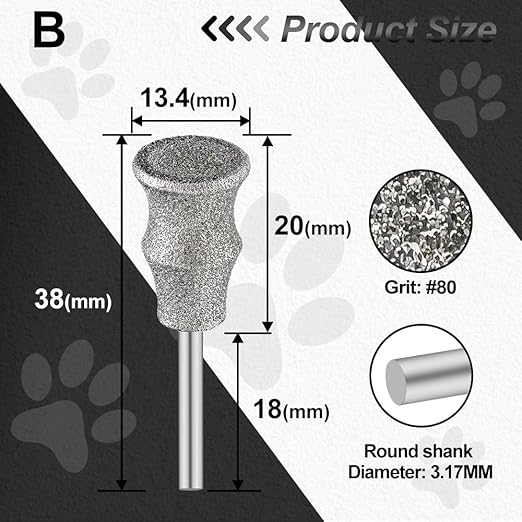 Diamond Dog Nail Grinder Bits - FOCSTOL Diamond Rotory Bit for Dogs&Pets, 1/8'' Rotary Nail Grinder Bits for Animals Nail Care (Type B)