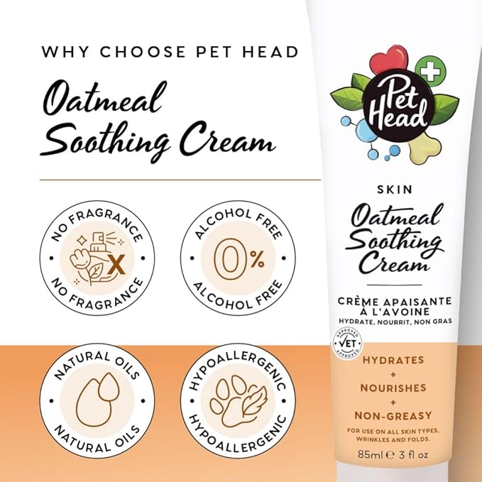 Pet Head Health Oatmeal Soothing Cream for Dogs | Fragrance Free | Nourishes and Hydrates | Suitable for use on Sensitive Skin, Noses, Paws, Wrinkles, Folds and Tail Pockets | 3 fl. oz.