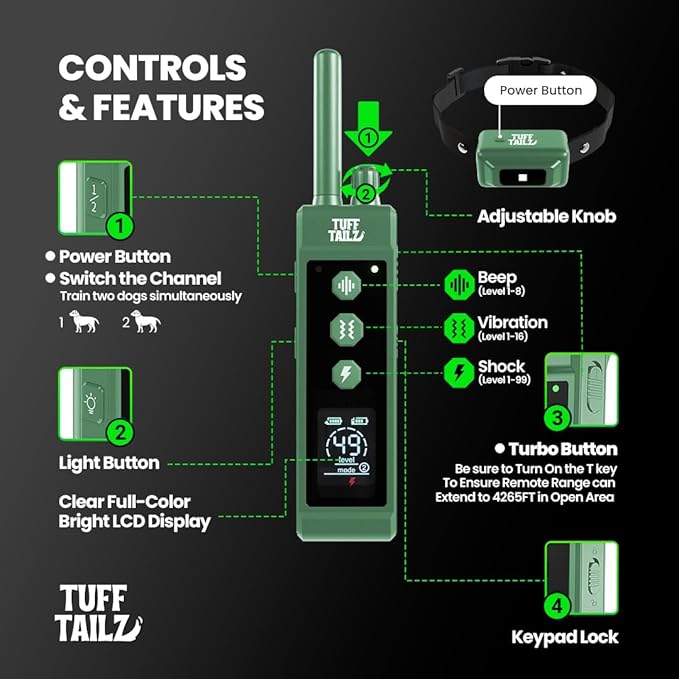 Dog Shock Collar - 4265FT Dog Training Collar with Remote Control Waterproof IP67 Dog Training Collar for Small Medium Large Dogs Rechargeable Electric Dog E Collar Beep Collar (Green)