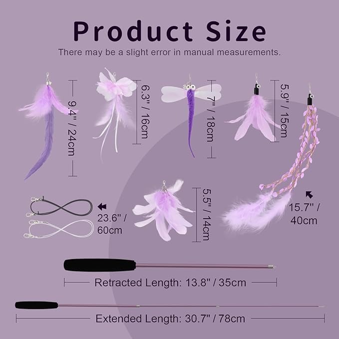 SONGWAY Cat Wand Toys for Indoor Cats - Cat Toy Set with Retractable Teaser Wand and 6 PCS Fairy Feather Toy Refills, Dragonfly Tassel Cat Toys Interactive, Purple