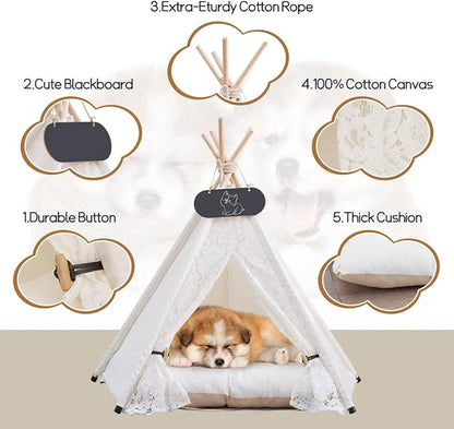 Pet Teepee Tent for Dogs & Cats Dog Bed with Thick Cushion Puppies Play House Removable and Washable