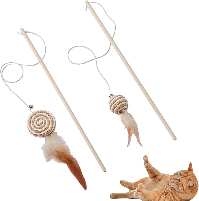 NOWFRESH Cat Wand Toy Set, 2 PCS Interactive Cat Teaser Wands with Cute Paper Balls & Paper Circles Designs, Equipped with Bells and Streamers to Captivate Your Cat’s Attention