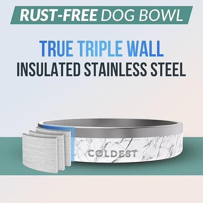 Coldest Dog Bowl - Anti Rust Metal, Non Slip, 3 Layers Insulated Stainless Steel Dog Bowls - Spill Proof & Heavy Duty - Water Bowl for Dogs, Cats & Pets, Dish Washer Safe (21 oz, Carrara Marble)