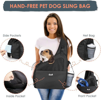 SlowTon Pet Dog Sling Carrier, Hands Free Hard Bottom Papoose Small Animal Puppy Up to 12 lbs Travel Bag Tote Breathable Mesh Support Adjustable Padded Strap Pocket Safety Belt Machine Washable