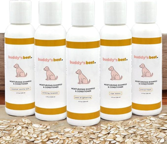 Buddy’s Best 4oz Variety Pack Dog Shampoo and Conditioner with Shea Butter, Oatmeal, Biotin, and Aloe Vera, Alcohol-Free Deep Moisturizer for Dry, Itchy Skin and Coats