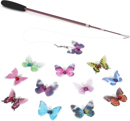 SONGWAY Cat Butterfly Toys - 13 Pieces Cat Toy Set with Retractable Wand and Butterfly Toy Replacement with Bell, Interactive Toys for Indoor Cats Kittens