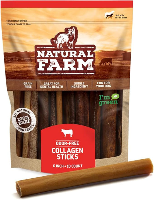 Natural Farm Collagen Dog Chews. 6 Inch, 10 Pack. Odor-Free Long Lasting Bully Sticks & Rawhide Alternative Dog Treats, 95% Collagen Low Fat, High Protein Best Dental Dog Treats  Medium & Large Dogs