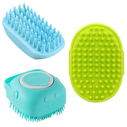 3Pcs Dog Bath Brush Set Pet Grooming Brush with Adjustable Handle Pet Shower Washing Shampoo Scrubber Brush for Short Long Haired Dogs Cats (Blue, Green, Blue)