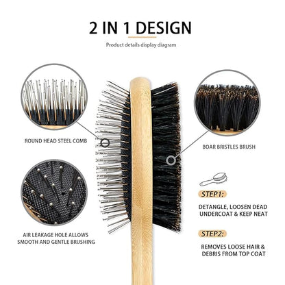 Dog Brush Cat Brush, Double Sided Bristle and Pin Pet Brush for Dog Grooming, Real Boar Bristle Shedding Brush with Bamboo Handle for Long Short Hair, 4 Pack Dog Comb, Black+Yelbow