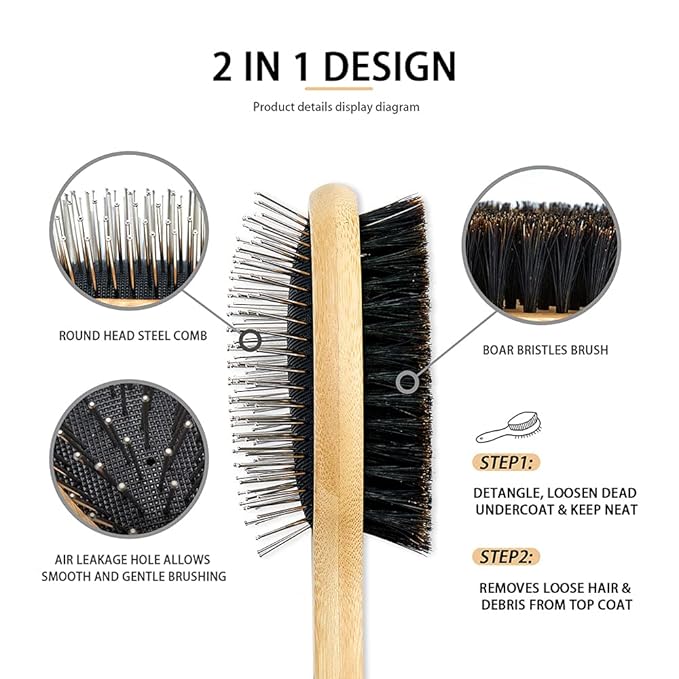 Dog Brush Cat Brush, Vokiuler Double Sided Bristle and Pin Pet Brush for Dog Grooming, Real Boar Bristle Shedding Brush with Bamboo Handle for Long Short Hair, 2 Pack Dog Comb, Black