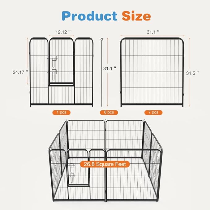 Dog Playpen, 8 Panel 32 Height Puppy Fence Exercise Pen for Yard Gate, Indoor Outdoor Heavy Duty Anti-Rust Metal Playpens with Doors Portable for RV Camping - Small/Medium/Large Pets