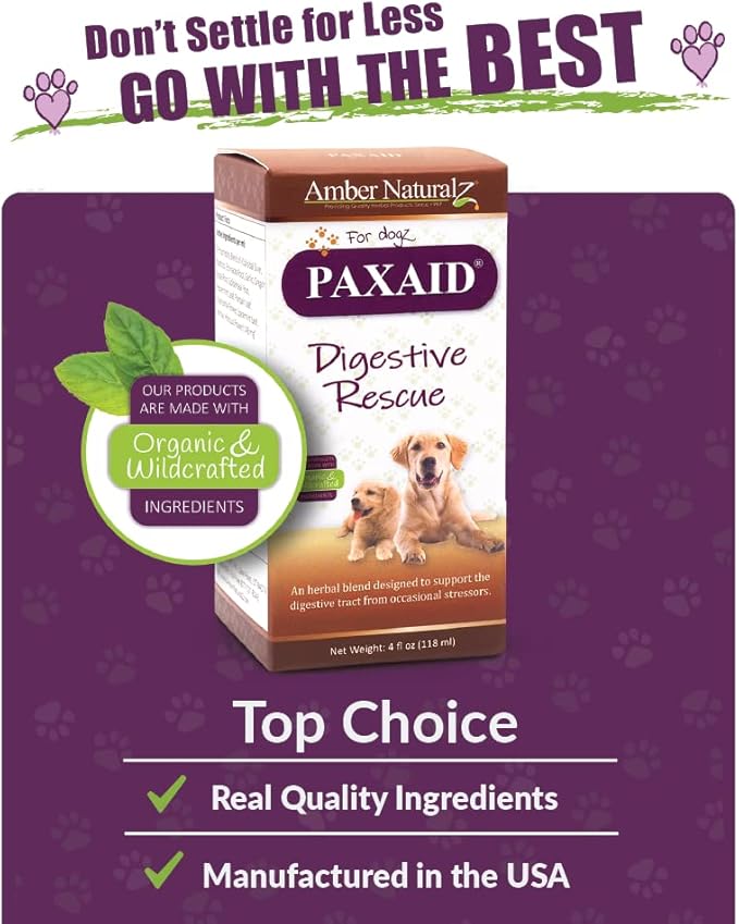 Amber NaturalZ Paxaid Digestive Rescue Herbal Supplement for Dogs and Puppies | Canine Herbal Supplement for Occasional Digestive Upset Support | 4 Fluid Ounce Glass Bottle | Manufactured in The USA