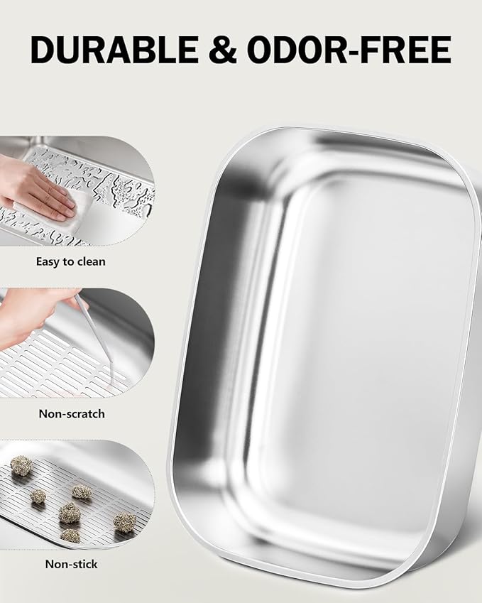 Stainless Steel Sifting Litter Box with Lid, Metal Litter Pan with Scoop for Big Cats Multi Cat, Extra Large Cats Litterbox Odor Control Easy Clean (22.8*16.5*11.8inch-With Enclosure & Step, X-Large)