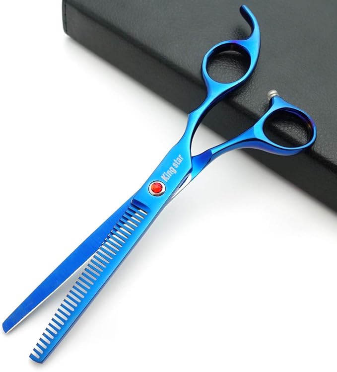 7.0in Titanium Professional Pet Grooming Scissors Set,Straight & Thinning & Curved Scissors 3pcs Set for Dog Grooming,A350 (Blue)