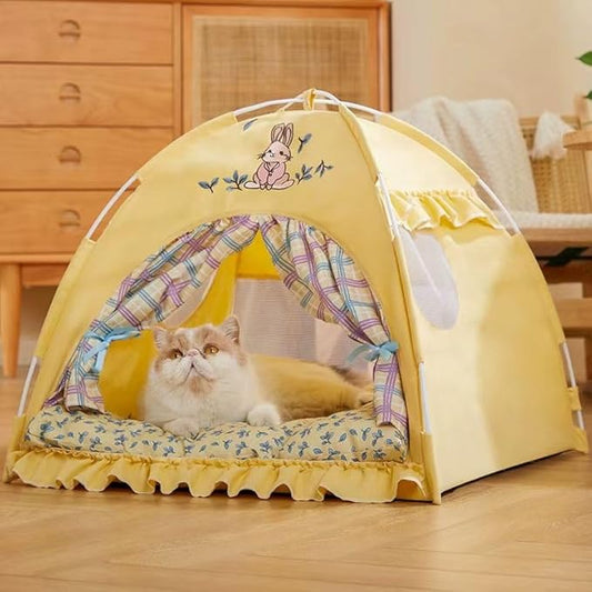 Cute Cat Teepee Cave, Foldable Indoor Outdoor Cat Tent with Thick Mat, XL
