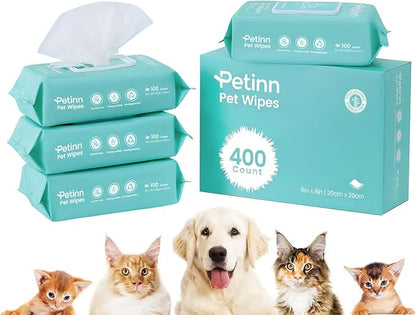 Pet Wipes for Dogs and Cats, Paws Butt Fur Cleaning Deodorizing, 400 Count Unscented Pet Grooming Wipes with 8"x8" Biodegradable Bamboo Fiber, Puppy Kitten Bath Wipe, Hypoallergenic, Licking Safety