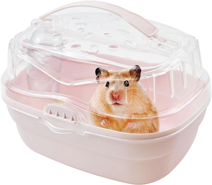 Hamster Carrier Cage with Water Bottle,Portable Hamsters Travel Cage Plastic Guinea Pig Carrying Cases Small Animal Carry Cage for Dwarf Hamsters Chinchillas Hedgehog Mouse(Pink)