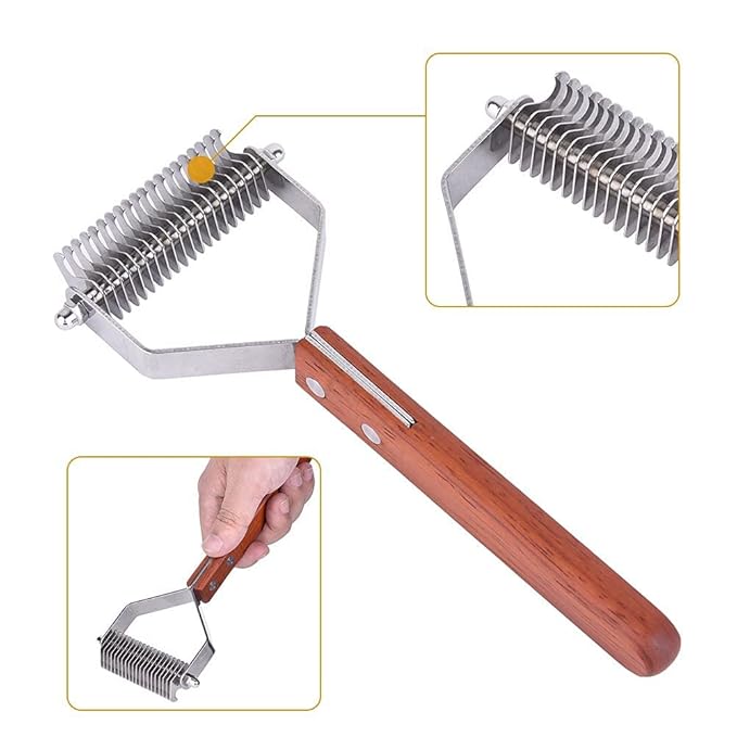 Awtang Undercoat Rake for Dogs, Cats Grooming Dematting Comb, 20 Stainless Steel Blades Wooden Handle Dog Brush