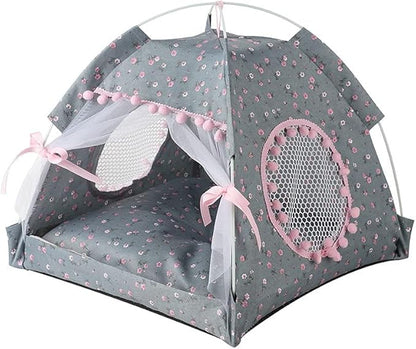 Cat Bed Tents Dog House Indoor Outdoor Lace Mesh Breathable Windows Door Curtains Removable Portable Nest Teepe House (Medium,Gray&Pink)