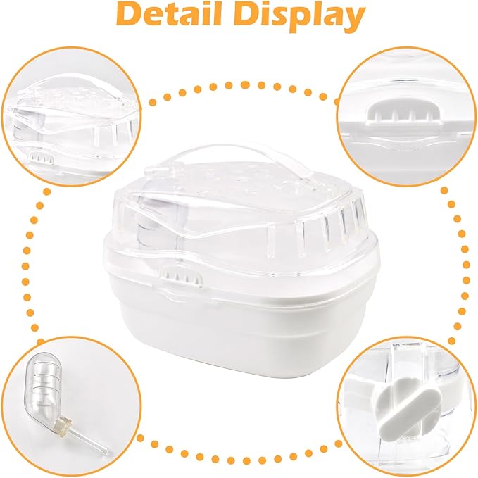 Hamster Carrier Cage with Water Bottle,Portable Hamsters Travel Cage Plastic Guinea Pig Carrying Cases Small Animal Carry Cage for Dwarf Hamsters Chinchillas Hedgehog Mouse(White)