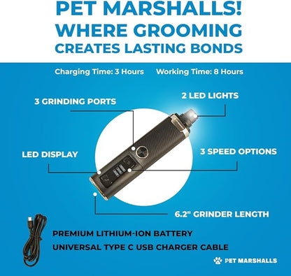 Electric Pet Nail Grinder Kit, 3 Speed Settings, 2000mAh Battery, LED Light, Dogs and Cats