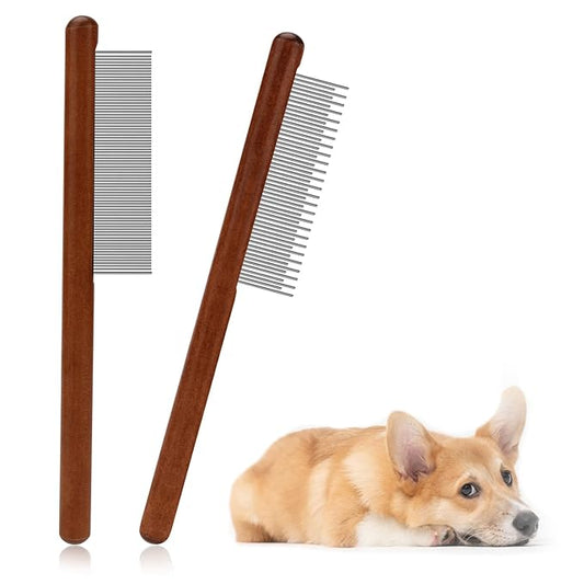 2pcs Grooming Comb for Pets, Solid Wood Cat Combs with Narrow Rounded-Tip Steel Teeth Pet Hair Comb Metal Flea Lice Comb for Cats Dogs Small & Medium Pets Tangled Hair