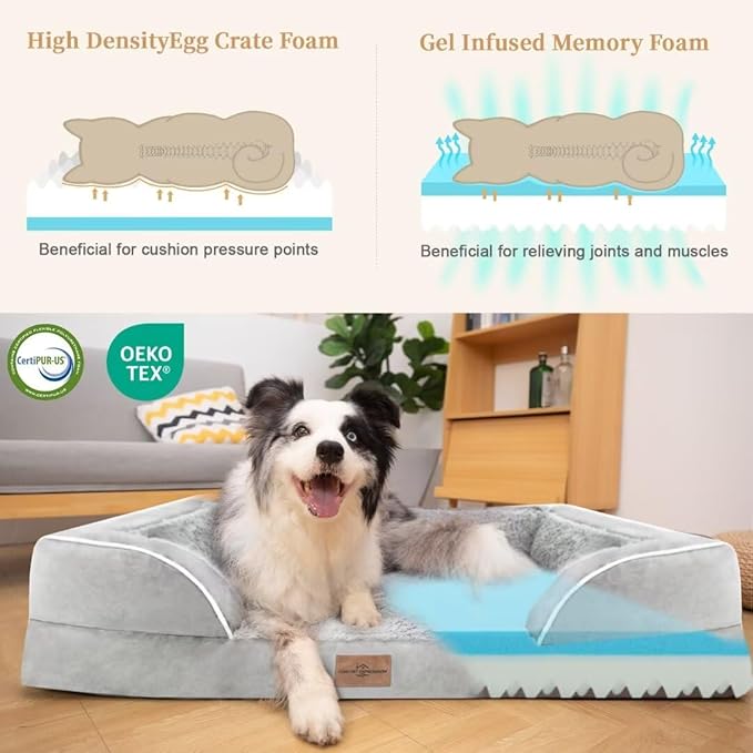 Memory Foam Cooling Dog Bed, Orthopedic Dog Beds for Extra Large Dogs, XL Dog Bed with Removable Cover, Waterproof Pet Bed Large with Bolster(X-Large,Light Grey)