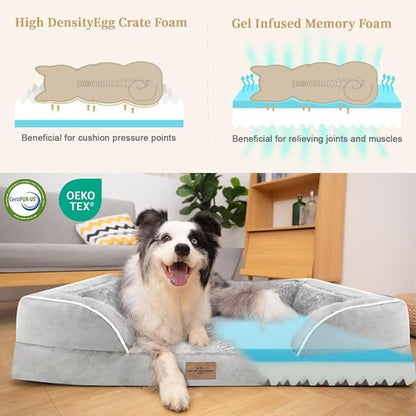 Memory Foam Cooling Dog Bed, Orthopedic Dog Beds for Extra Large Dogs, XL Dog Bed with Removable Cover, Waterproof Pet Bed Large with Bolster(X-Large,Light Grey)