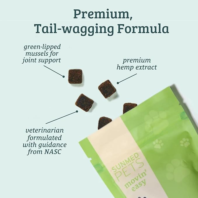 Sunmed Movin' Easy Hemp Pet Chews for Joint Health & Mobility  Omega-3, Green Lipped Mussels, 5mg Hemp Extract  Supports Flexibility & Comfort | Beef Liver & Sweet Potato, 40 Count