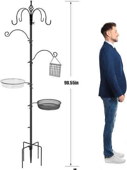 Bird Feeding Station, 90.55in 6-Hook Wild Bird Feeder Stand Pole with Water & Mesh Tray Humming Bird Feeders for Outdoors Easy Assembly for Courtyards Gardens (Black)