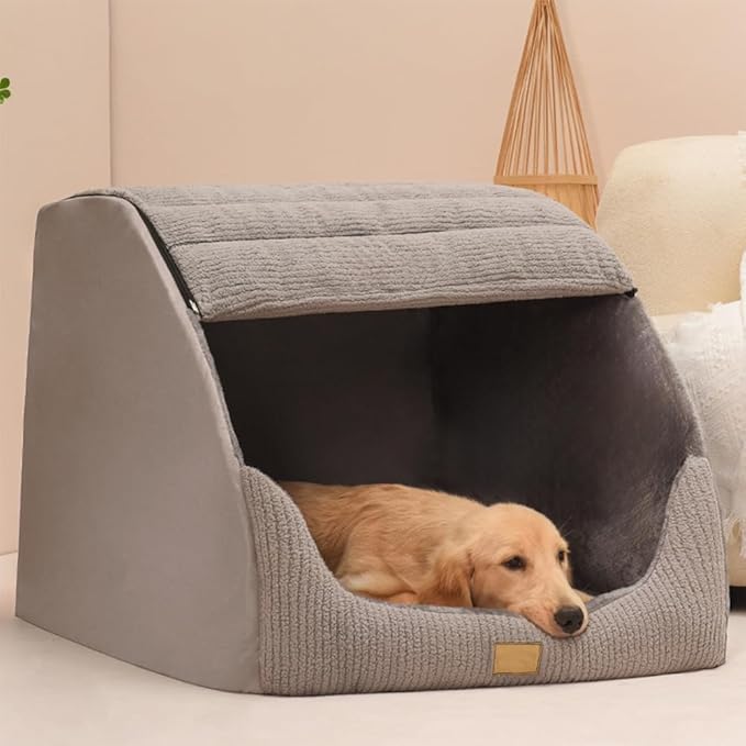 Large Dog House Indoor, Soft Plush Dog Cave Bed Covered Dog Bed with Fluffy Washable Cushion, Portable Dog/Cat Pet Tent House for Small Medium Dogs (Grey, Large)