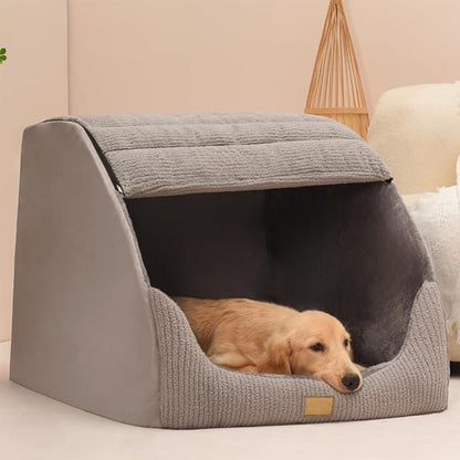 Large Dog House Indoor, Soft Plush Dog Cave Bed Covered Dog Bed with Fluffy Washable Cushion, Portable Dog/Cat Pet Tent House for Small Medium Dogs (Grey, Large)