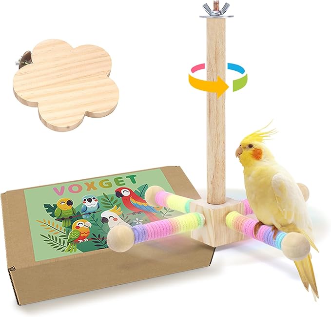 Bird Perch Toy for Parakeets Cockatiel, 360° Rotating Interactive Toy with Small Platform for Parrots Budgie Conures Play Exercise Stand, Enrichment Wooden Bird Cage Accessories -Flower
