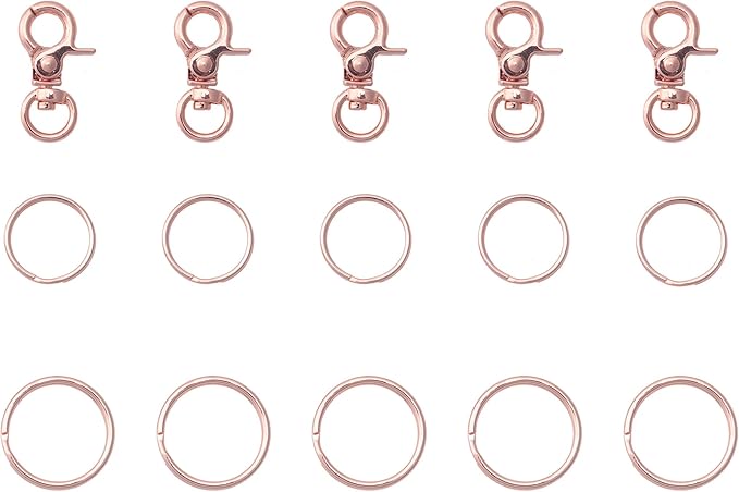 5 Pcs Dog Tag Clips with 5 Pcs 3/4 Inch Keychain 5 Pcs 1 Inch Keychain MultiPurpose Metal Dog Tag Rings for Pet Kitten Cat Collars ID Holder Harnesses (Rose Gold)