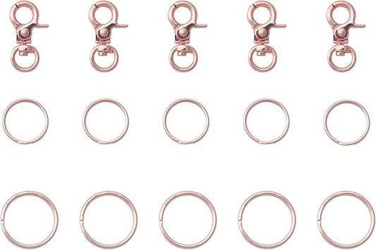5 Pcs Dog Tag Clips with 5 Pcs 3/4 Inch Keychain 5 Pcs 1 Inch Keychain MultiPurpose Metal Dog Tag Rings for Pet Kitten Cat Collars ID Holder Harnesses (Rose Gold)