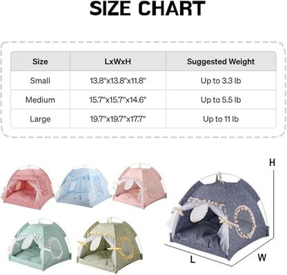 Cat Bed Tents Dog House Indoor Outdoor Lace Mesh Breathable Windows Door Curtains Removable Portable Nest Teepe House (Small,Pink(Flower))