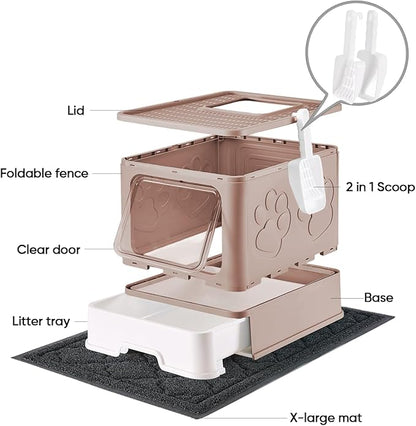 Cat Litter Box with X-Large Litter Mat and Scoop, Large Foldable Litter Box with Lid, Enclosed Kitty Box,Front Top Entry Exit, Odor Control Easy to Clean (Upgrade Coffee)