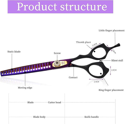 Dream Reach 7.0 inches Professional Decompressed Elastic Handle Pet Grooming Scissors Set,Straight & Chunker & 2 Curved Scissors 4pcs Set for Dog Grooming (Purple) (Chunker Scissor)