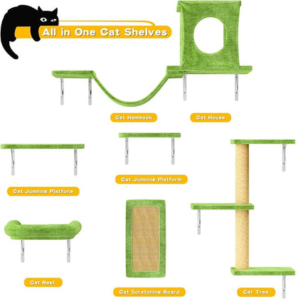 NUNU LAB Cat Wall Shelves, 6 Pcs Luxury Wall-Mounted Cat Climber Set, Indoor Cat Furniture with 1 Condos House, 2 Cat Wall Shelves, 1 Scratching, 1 Bridge Ladder, 1 Scratching Pad, Green