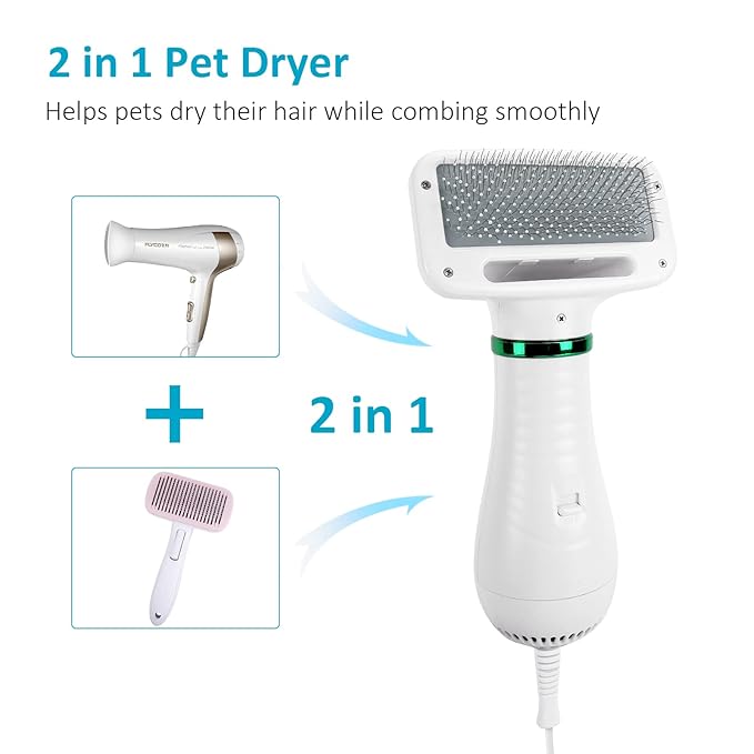 Pet Hair Dryer, 2 in 1 Dog Hair Dryer with Slicker Brush,Dog Blow Dryer with 2 Adjustable Heat Setting Dog Brush for Dog Grooming Small Medium Dogs Cats