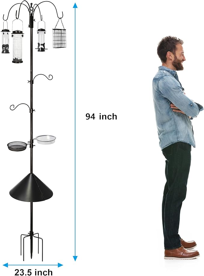 6-Hook Bird Feeding Station, Steel Multi-Feeder Kit Stand for Attracting Wild Birds w/ 4 Bird Feeders, Bird Bath, Mesh Tray and Squirrel Guard Baffle，94 Inch