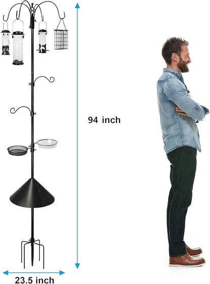 6-Hook Bird Feeding Station, Steel Multi-Feeder Kit Stand for Attracting Wild Birds w/ 4 Bird Feeders, Bird Bath, Mesh Tray and Squirrel Guard Baffle，94 Inch