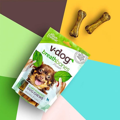 V-dog Dog Treats - Vegan Breathbone Teeth Cleaning Dental Bones - Fresh Breath - 8 Ounces - Minis - All Natural, Made in USA - 10 Bones - 3" Long - Easy to Digest