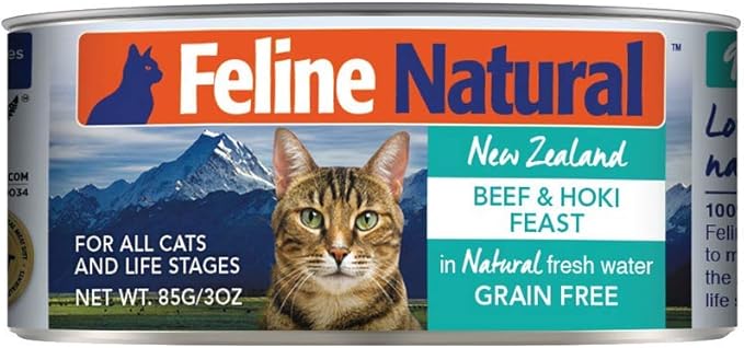 Feline Natural - BPA-Free & Gelatin Free Canned Cat Food - Beef & Hoki, 3oz (Pack of 24)
