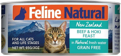 Feline Natural - BPA-Free & Gelatin Free Canned Cat Food - Beef & Hoki, 3oz (Pack of 24)